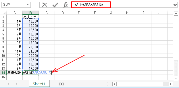 売り上げ年間合計の計算式をセットする