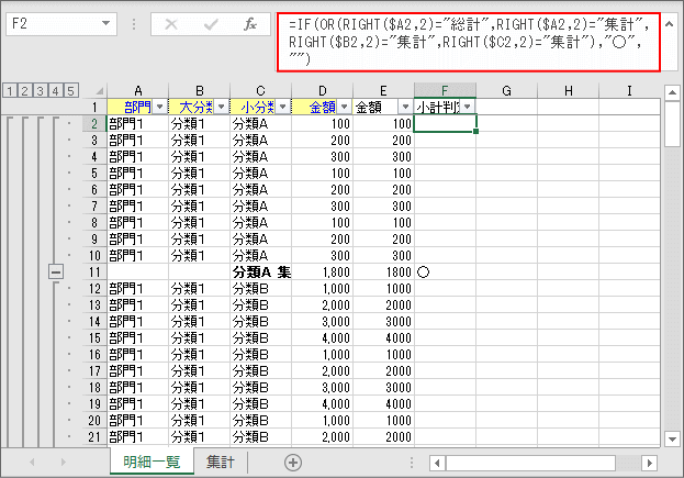 小計の行に「印」をつける。