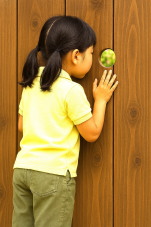 木の板塀の穴を覗いている