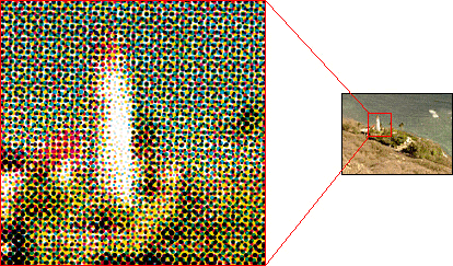 カラー写真を拡大した画像。四色の網点が違った角度で並んでいる。