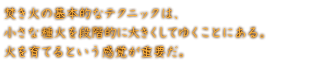 焚き火の基本的なテクニックは、
小さな種火を段階的に大きくしてゆくことにある。
火を育てるという感覚が重要だ。