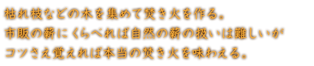 枯れ枝などの木を集めて焚き火を作る。
市販の薪にくらべれば自然の薪の扱いは難しいが
コツさえ覚えれば本当の焚き火を味わえる。