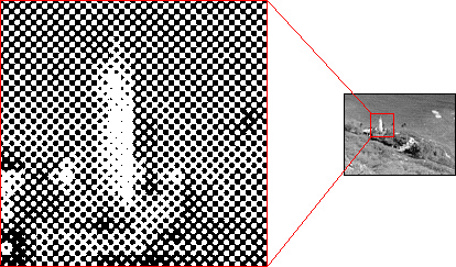 白黒写真を拡大した画像。様々な大きさの白と黒の網点が並んでいる。