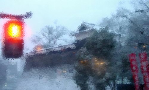 The first snowfall over the Kumamoto castle