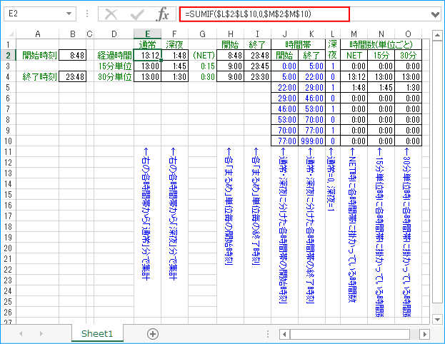 通常と深夜の時間を分けて計算