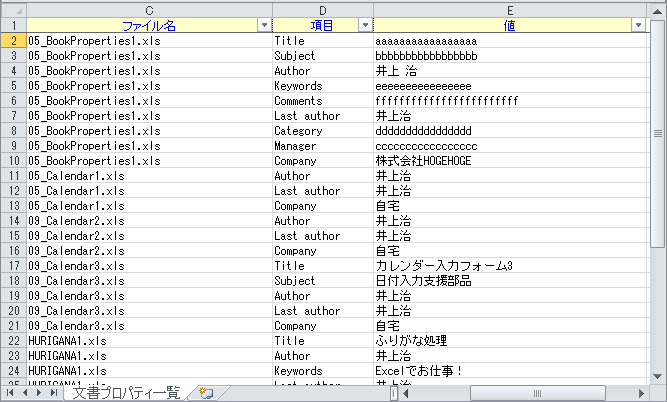 プロパティ一覧が作成された