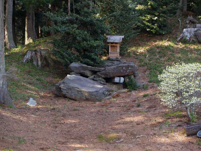 積んだ石の上に小祠が。「鳥居だったもの」らしき石材が途中に挟まってるのも見えて何がなんだか