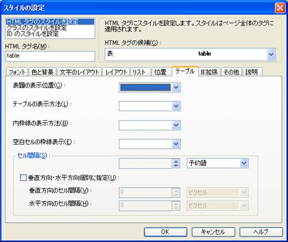 スタイルの設定ダイアログのテーブルタブの画面