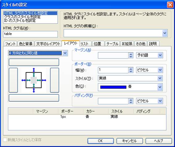 スタイルの設定ダイアログのレイアウトタブでの設定画面