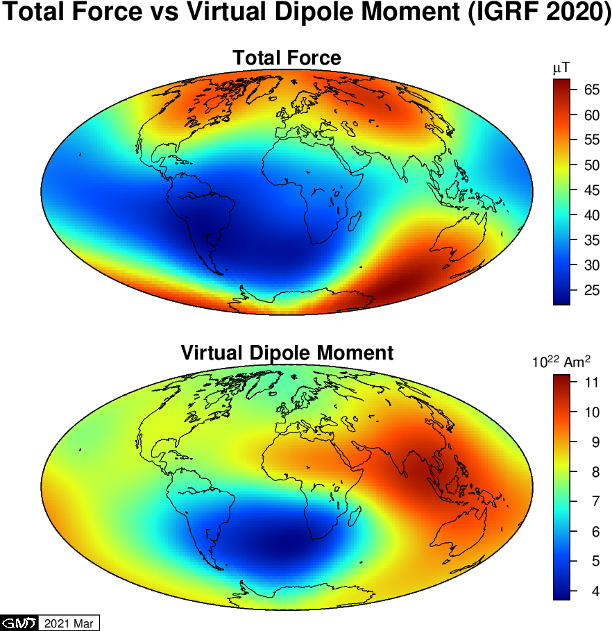 IGRF2015 における，全磁力と VDM の分布の比較．