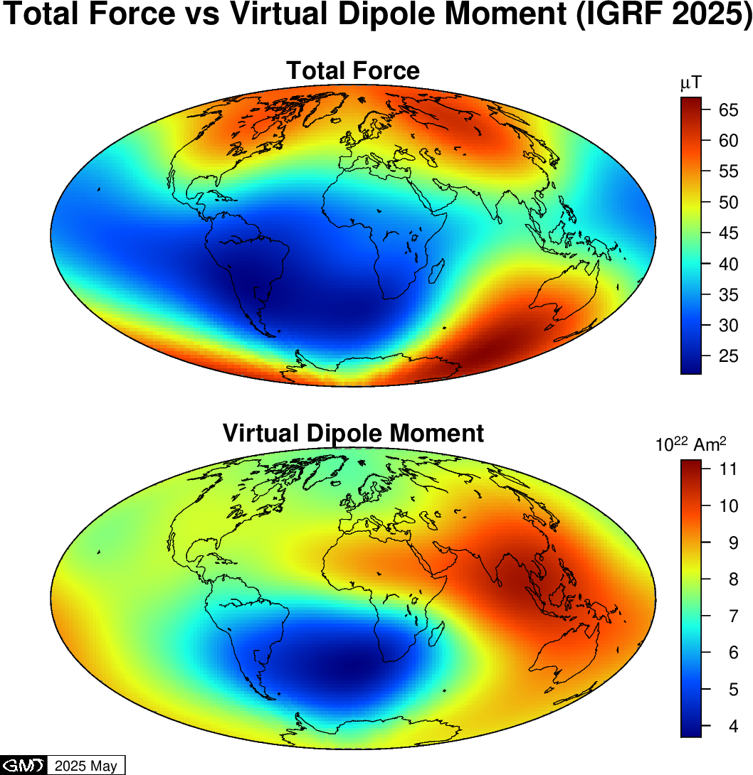 IGRF2025 における，全磁力と VDM の分布の比較．
