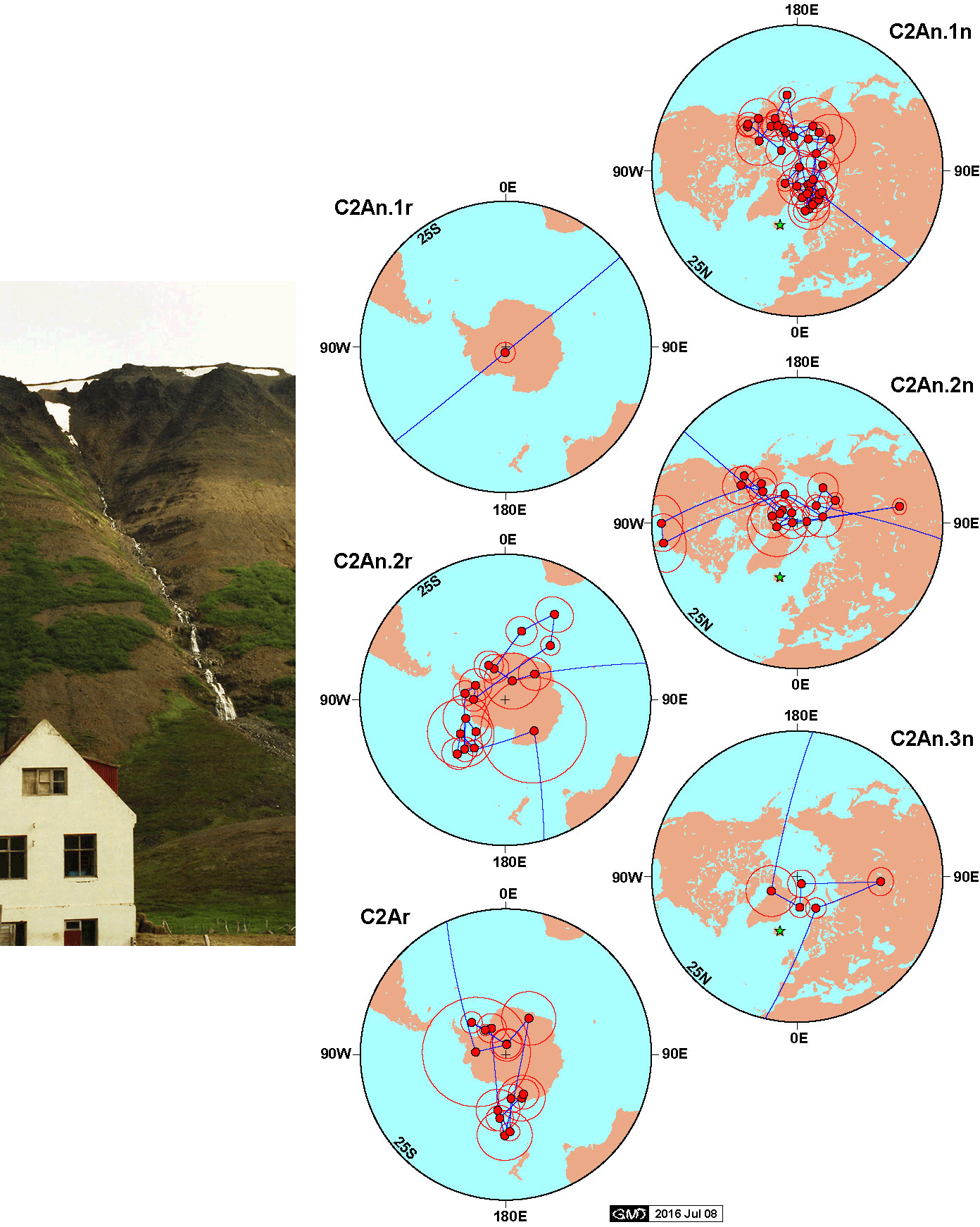Storutjarnirの玄武岩溶岩層序（左図）と詳細な地磁気逆転と古地磁気変動の記録（右図）．