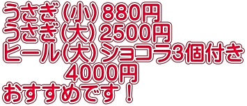 うさぎ（小）８８０円 うさぎ(大）２５００円 ヒール(大）ショコラ３個付き 　　　４０００円 おすすめです！