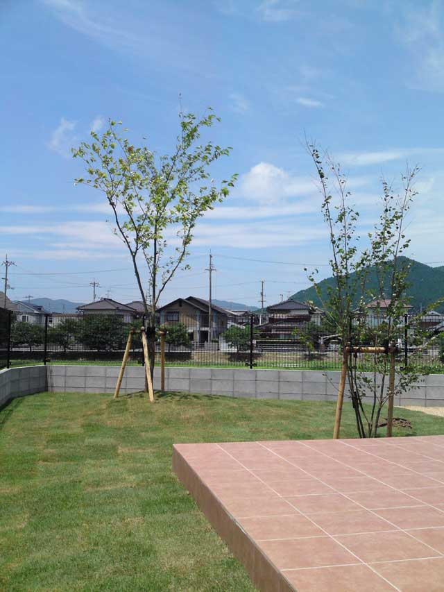 お庭にテラスデッキを施工させて頂きました。お庭には、芝生と植栽を植えました。