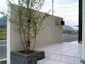 門塀の裏側です。黒ミカゲのピンコロで、花壇を作ってます。花壇からはシンボルツリーとなる植栽を植えました。