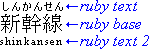 At the left, three Japanese ideographs from left to right. On top of them, six hiragana characters at half size. Below the ideographs, the text 'shinkansen'. To the right, arrows and text saying 'ruby base' (middle), 'ruby text' (top), and 'ruby text 2' (bottom).