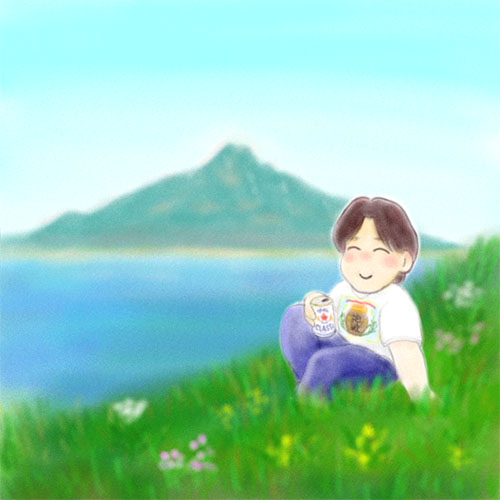花の咲き乱れる礼文島の丘で、利尻島をバックにサッポロクラッシックを飲むポチです。波照間泡波Ｔシャツを着てるところが、またいいでしょ？（笑）