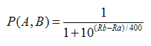 P(A,B) = 1/(1+10^((Rb-Ra)/400))