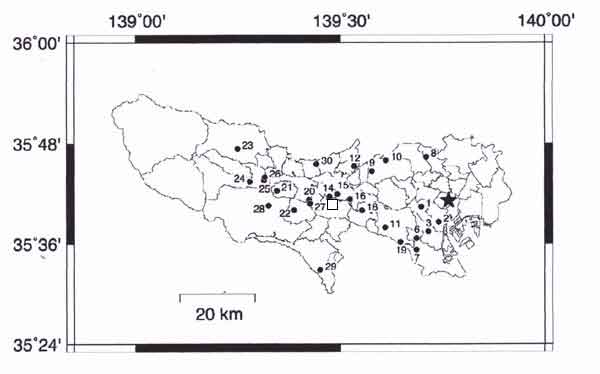 東京湧水地点の分布図