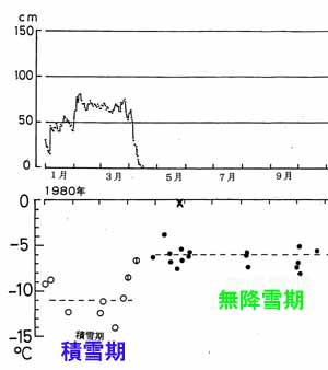 積雪深と最低気温の差