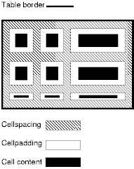 cellspacing属性とcellpadding属性の関係を説明する図。