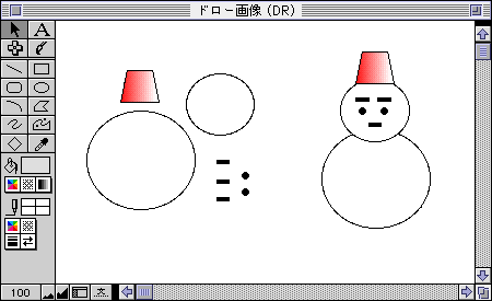 線や図形を組み合わせて雪だるまを作画している例