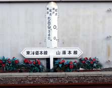神戸駅のホーム下にある東海道本線と山陽本線の起点