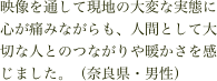 映像を通して現地の大変な実態に心が痛みながらも、人間として大切な人とのつながりや暖かさを感じました。（奈良県・男性）