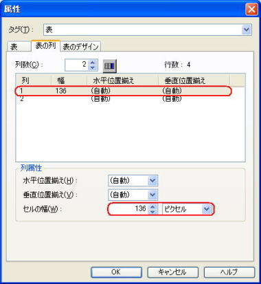 表の属性ダイアログ