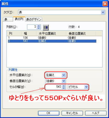 表の属性ダイアログ