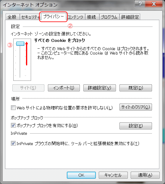 プライバシー設定　すべてのCookieをブロック