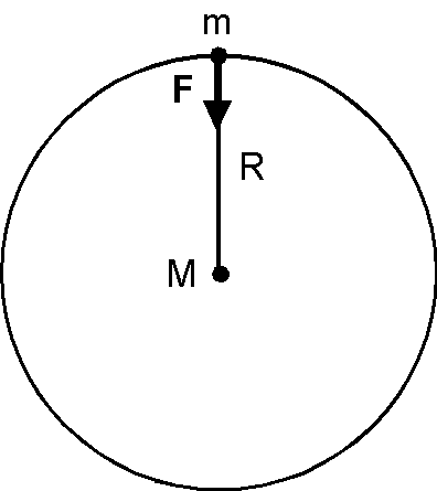 質量 M の地球と質量 m の地上の物体の間に働く力 F による重力加速度．