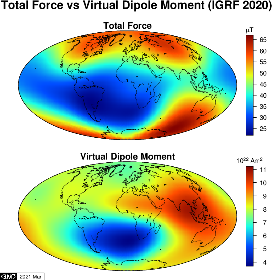 IGRF2015 における,全磁力と VDM の分布の比較.