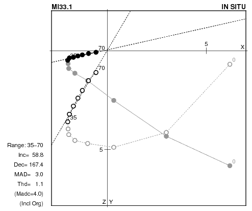 段階交流消磁のサンプル・レベルのデータを直線解析した例．