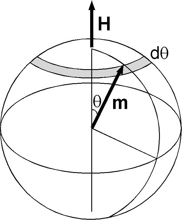 磁場が加えられた場合の原子の磁気モーメントの分布．