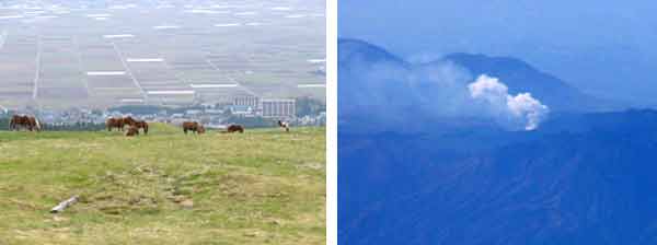 米塚と上空からの阿蘇噴火