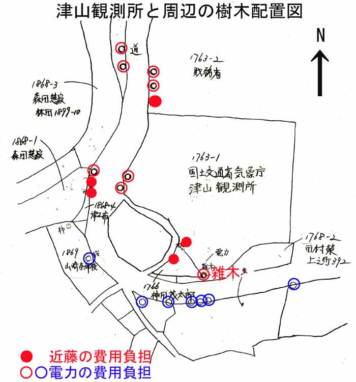 津山観測所と桜の配置図